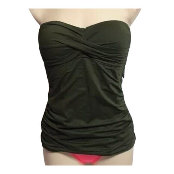 Anne Cole Solid Twist Front Shirred Bandeau Tankini Top Olive Size Small NWT - Picture 5 of 5